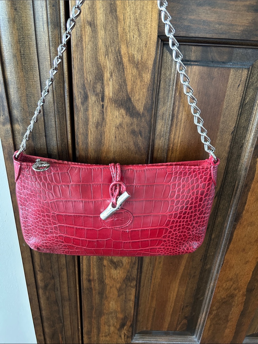 Longchamp Red Croc-Embossed Shoulder Bag with Silver Chain